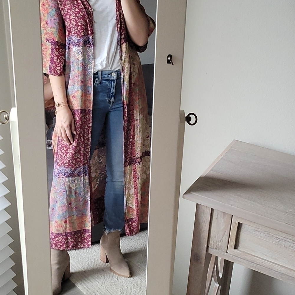 MAYDEN Los Angeles Boho Floral Patchwork Long Duster Kimono Vest Size Small - Picture 5 of 12